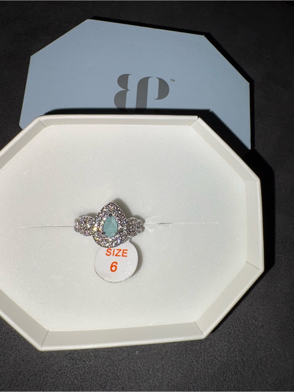 Teardrop Aquamarine Halo Ring in Silver - Size 6